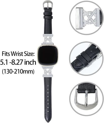 C&L Accessories Bands Compatible with Versa 3/4 Sense/Sense 2 Genuine Leather Slim Thin Dressy Bling Strap with Metal Buckle Charms in Saudi Arabia