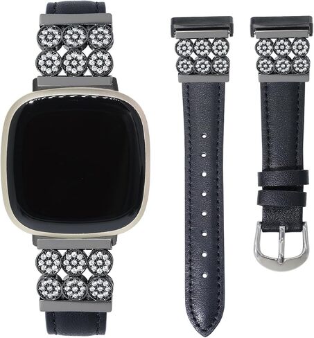 C&L Accessories Bands Compatible with Versa 3/4 Sense/Sense 2 Genuine Leather Slim Thin Dressy Bling Strap with Metal Buckle Charms in Saudi Arabia