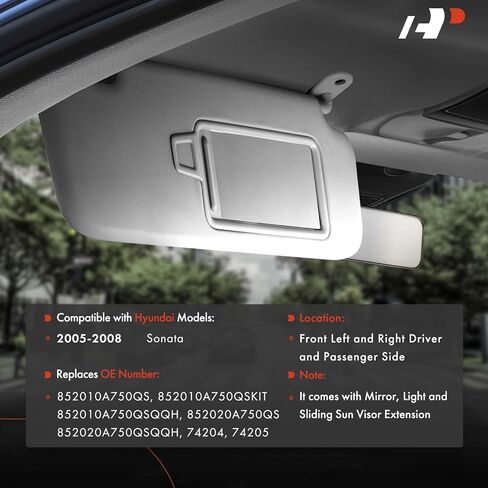 A -Premium Driver & Cassenger Sun Visor متوافق مع Hyundai Sonata 2005 2006 2007 2008 - مع Vanity Light ، مع مرآة الغرور ، مع فتحة سقف ، مع امتداد Sniding Sun Visor ، رمادي in Kuwait
