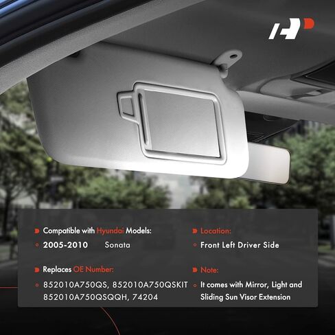 A -Premium Driver & Cassenger Sun Visor متوافق مع Hyundai Sonata 2005 2006 2007 2008 - مع Vanity Light ، مع مرآة الغرور ، مع فتحة سقف ، مع امتداد Sniding Sun Visor ، رمادي in Saudi Arabia