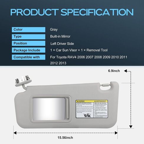 Gray Left Driver Side Sun Visor Fit for Toyota RAV4 2006 2007 2008 2008 2010 2012 2012 2013 مع Sunroof and Light يحل محل#74320-42500-B0 ، 74320-42500-B3 ، 74320-42501-B3 in Saudi Arabia