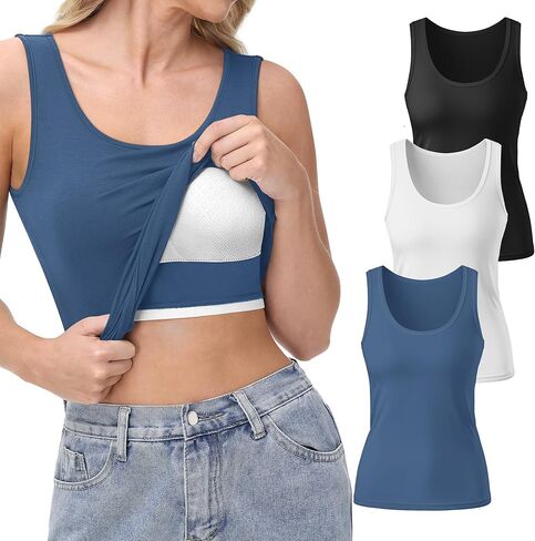 قمة دبابة Neer 3 Pack Women مع صدرية مملوءة بربرة رقبة تجريب اليوغا كاميسول رف الجرف على نطاق واسع (أسود ، أبيض ، أزرق ضباب ، صغير) in Saudi Arabia