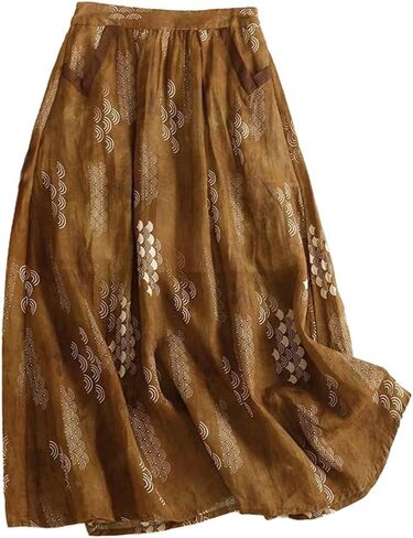 Womens Cotton Linen Skirts A Line Flowy High Waisted Vintage Printed Pattern Midi Skirt with Pockets in Saudi Arabia