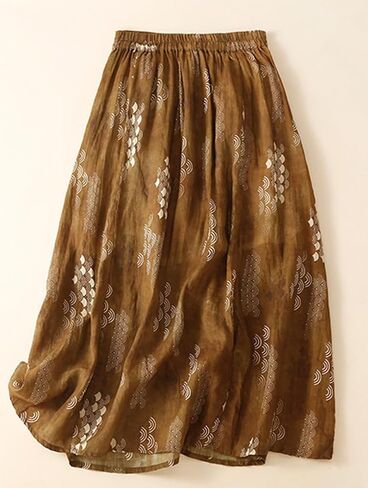 Womens Cotton Linen Skirts A Line Flowy High Waisted Vintage Printed Pattern Midi Skirt with Pockets in Saudi Arabia