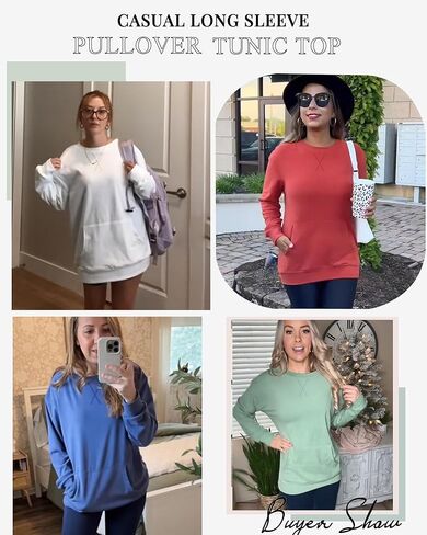 AUSELILY Womens Long Sleeve Sweatshirt Casual Crewneck Plain Pullover Tops with Pockets in Saudi Arabia