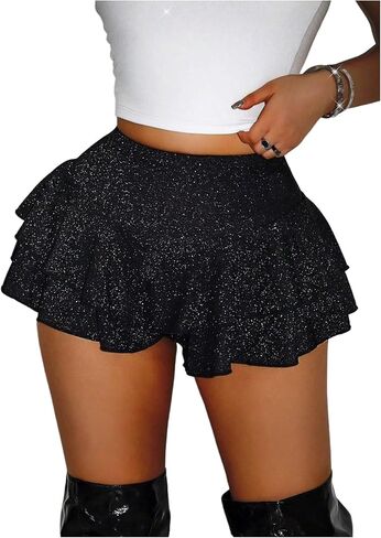 SHENHE Women's Sexy Sparkle Layered Ruffle Flowy Glitter Y2k Micro Shorts Rave Clubwear in Saudi Arabia