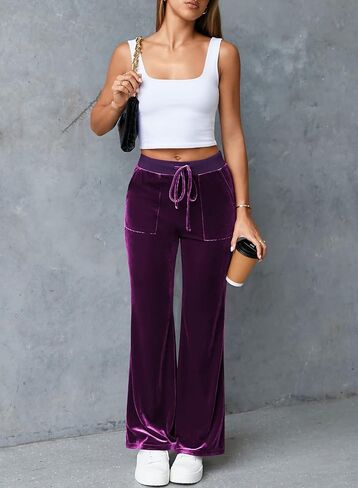 Aleumdr Womens High Waisted Sweatpants Wide Leg Velour Pants with Pockets Drawstring Waist Flare Leg Lounge Pants in Saudi Arabia