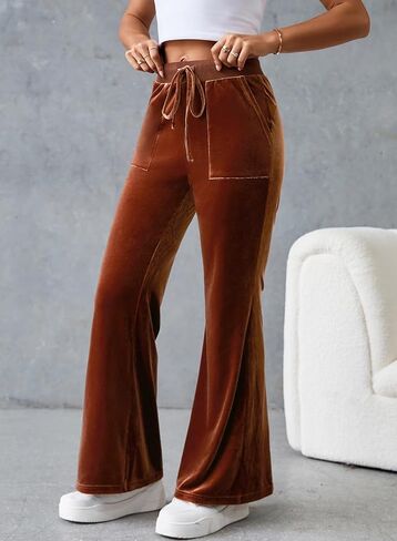 Aleumdr Womens High Waisted Sweatpants Wide Leg Velour Pants with Pockets Drawstring Waist Flare Leg Lounge Pants in Saudi Arabia