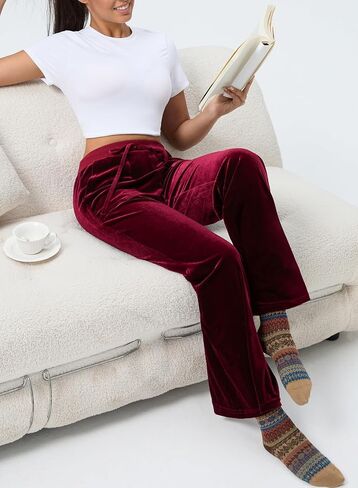 Aleumdr Womens High Waisted Sweatpants Wide Leg Velour Pants with Pockets Drawstring Waist Flare Leg Lounge Pants in Saudi Arabia