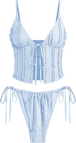 ZAFUL Tankini Swimsuits for Women Smocked Ruffles Tie Front Bowknot Textured High Cut Tanga Tankini Set(A-Light Blue, S) in Saudi Arabia