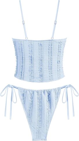 ZAFUL Tankini Swimsuits for Women Smocked Ruffles Tie Front Bowknot Textured High Cut Tanga Tankini Set(A-Light Blue, S) in Saudi Arabia