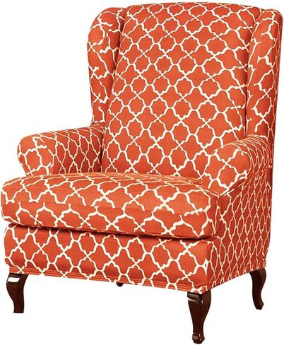 Wingback Chair Slipcover Printing Fabric Stretchable Armchair Cover 2 Pieces Arms Stylish Furniture Protector for Living Room Bedroom -Orange in Saudi Arabia