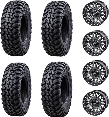 Four 35x10.5-15 Tusk TERRABITE Heavy Duty 8-Ply Radial UTV Tires mounted on Tusk TETON Beadlock Wheels- For KRX 1000 UTVs - 4/156 bolt pattern - Includes Lug Nuts (Gun Metal) in Saudi Arabia