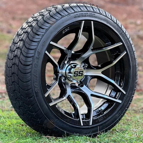 14" Rally Machined/Black Golf Cart Wheels and 205/30-14" DOT Low Profile Tires - Set of 4 (Standard Lugs 1/2 x 20) in Saudi Arabia