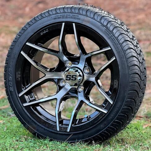 14" Rally Machined/Black Golf Cart Wheels and 205/30-14" DOT Low Profile Tires - Set of 4 (Standard Lugs 1/2 x 20) in Saudi Arabia