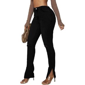 WDIRARA Women's Slit Hem High Waist Button Denim Zipper Fly Ripped Skinny Jeans
