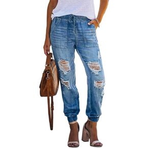 Sexyshine Women's Pull-on Distressed Denim Joggers Drawstring High Elastic Waist Loose Cargo Pants Ankle Length Jeans