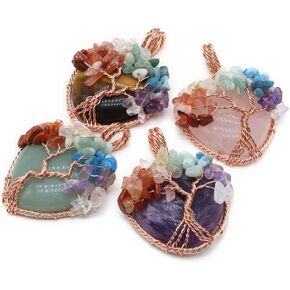 4 Pcs Natural Stone Pendants Heart Shape Healing Crystal Agate Stone 7 Chakra Chip Stone Beads Copper Wire Knitting for Jewelry Making