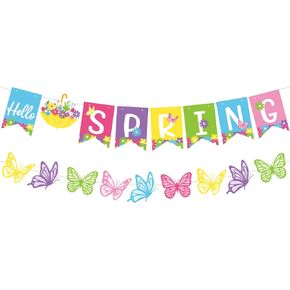 Hello Spring Banner Colorful Spring Break Paper Banner Garland with Colorful Butterflies Flowers Spring Holiday Hanging Decorations Spring Easter Party Supplies Decors