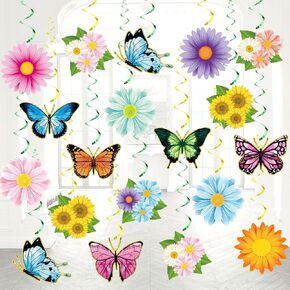 64 Pcs Flower Hanging Swirl Decorations Spring Flower Butterfly Hanging Swirl Ceiling Wall Decor Colorful Flower Butterfly Cutouts for Spring Summer Baby Shower Wedding Birthday Party Decorations