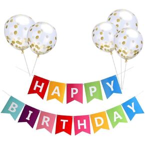 Tellpet Light Blue HAPPY BIRTHDAY Banner with 5 pcs Gold Confetti Balloons