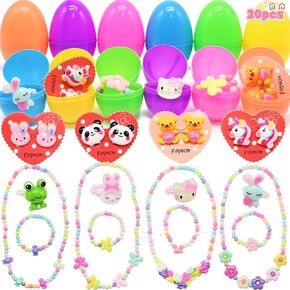 12Pcs Fillable Easter Eggs with 20pcs Girls Pretend Jewelry Surprise Toys, Necklaces Bracelets Rings Earrings Plastic Eggs Fillers Set for Girl Play Dress Up Easter Egg Hunt Classroom Exchange Gifts