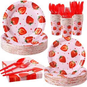 350 Pcs Strawberry Party Decorations Strawberry Party Supplies Tableware Set Disposable 9'' 7'' Paper Plates 9 oz Cups Cutlery Napkins Dinnerware Set for 1st Birthday Baby Shower, Serve 50