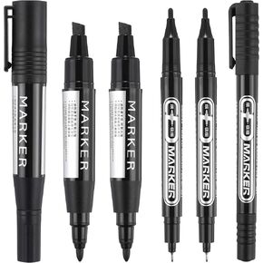 6 Pieces Permanent Markers, Different Sizes Double-Ended Permanent Marker Pen, Ultra Fine Tip, Fine Tip and Chisel Tip (Black)