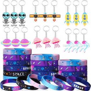Aoriher 48 Pcs Space Party Favors Outer Space Rubber Bracelets Silicone Wristbands Keychains Goodie Bag Fillers for Galaxy Birthday Party Supplies Boys Girls Classroom Rewards
