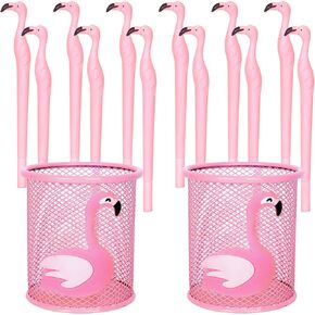 Whaline 12Pcs Metal Flamingo Pen 2Pcs Pencil Holder Set Pink Ballpoint Pens Flamingo Ink Pens Round Pencil Cups for Desk Office Home Classroom Student Teacher Women Makeup Brush Holder Gift