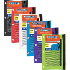 BAZIC Pencil Pouch 3 Ring Binder Pouch w/Rivet Enforced Rings Holes, Assorted Color Mesh Window, Double Zipper Pouches 6-Pack