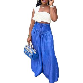 LROSEY Womens Casual Palazzo Long Pants Fall Loose Fit Blue Ruffle High Waist Wide Leg Trousers with Pockets