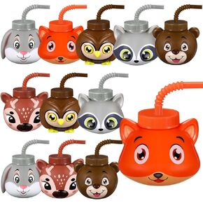 Hoolerry 12 Sets Forest Woodland Animal Party Favor Supplies Cups with Lids and Straws,10 oz Party Favor Cups for Gender Reveal Baby Shower Woodland Party and Birthday Party Supplies
