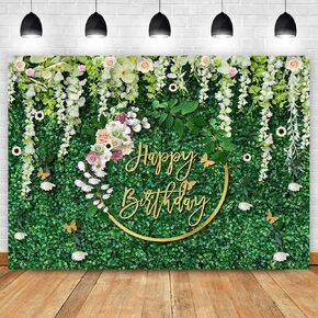 Sensfun Happy Birthday Backdrop Green Grass and Flowers Wreath Photography Background Women Girls Greenery Leaves Birthday Decorations Party Photoshoot Backdrops Cake Table Banner 7x5ft
