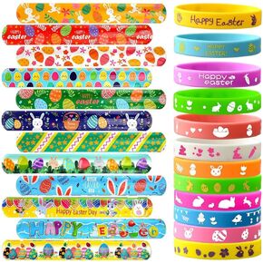 48Pcs Easter Party Favors Silicone Bracelets Slap Bracelets Assorted for Kids Girls Boys Toddlers Easter Egg School Classroom Exchange Prizes Gifts