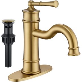 Matte Black Bathroom Sink Faucet Single Handle 1 to 3 Hole Installation with Deck Plate, Vintage Long Spout Solid Brass Faucet Pop-up Drain Assembly for Sink with Overflow Hole