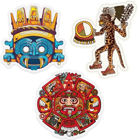 Aztec Stickers Cool Jaguar Warrior Tlaloc Decal Aztec Calendar Vinyl Native American Decor Mexican Stickers for Laptop Skate Water Bottles Window Car Hard Hat Gift - (3" x 3") 3 Pack in Saudi Arabia