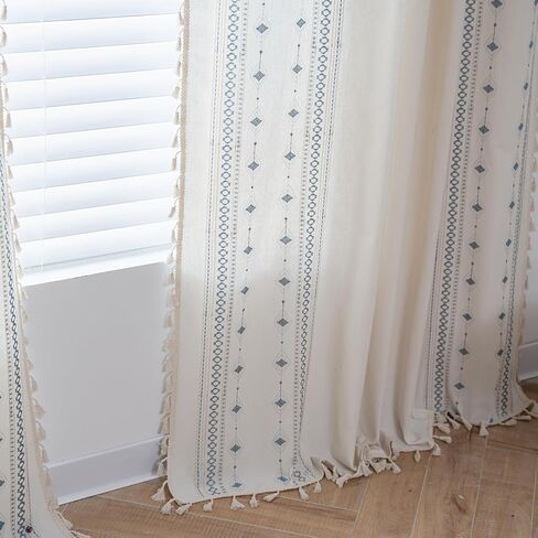 ستائر schweek boho بطول 84 بوصة ستائر نافذة مطرزة لغرفة النوم وغرفة المعيشة 2 لوحة ستائر تصفية ضوء المزرعة ستائر شرابة بوهيمية، أزرق in Kuwait