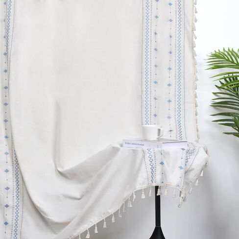 ستائر schweek boho بطول 84 بوصة ستائر نافذة مطرزة لغرفة النوم وغرفة المعيشة 2 لوحة ستائر تصفية ضوء المزرعة ستائر شرابة بوهيمية، أزرق in Kuwait