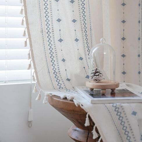 ستائر schweek boho بطول 84 بوصة ستائر نافذة مطرزة لغرفة النوم وغرفة المعيشة 2 لوحة ستائر تصفية ضوء المزرعة ستائر شرابة بوهيمية، أزرق in Kuwait