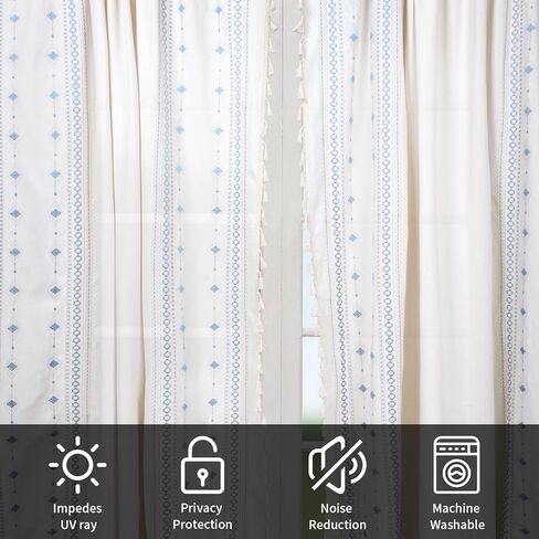 ستائر schweek boho بطول 84 بوصة ستائر نافذة مطرزة لغرفة النوم وغرفة المعيشة 2 لوحة ستائر تصفية ضوء المزرعة ستائر شرابة بوهيمية، أزرق in Kuwait