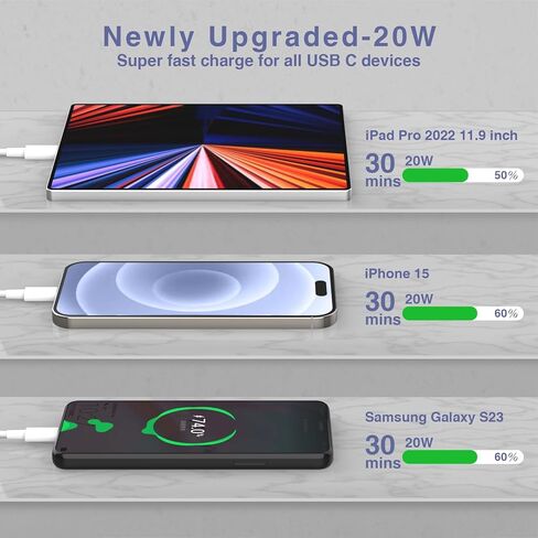 شاحن هاتف Apple محول طاقة USB-C بقدرة 20 واط، 2 حزمة من كتلة شحن USB C مع كابل مزامنة بيانات للشحن السريع بطول 6 أقدام متوافق مع iPhone 15/15 puls/15 pro/15 pro max، ipad pro/Air/Mini in Kuwait