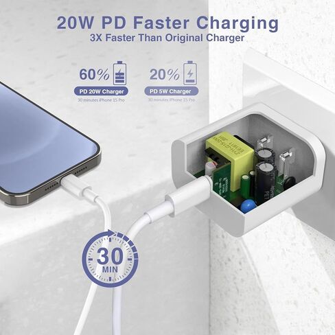 شاحن هاتف Apple محول طاقة USB-C بقدرة 20 واط، 2 حزمة من كتلة شحن USB C مع كابل مزامنة بيانات للشحن السريع بطول 6 أقدام متوافق مع iPhone 15/15 puls/15 pro/15 pro max، ipad pro/Air/Mini in Kuwait