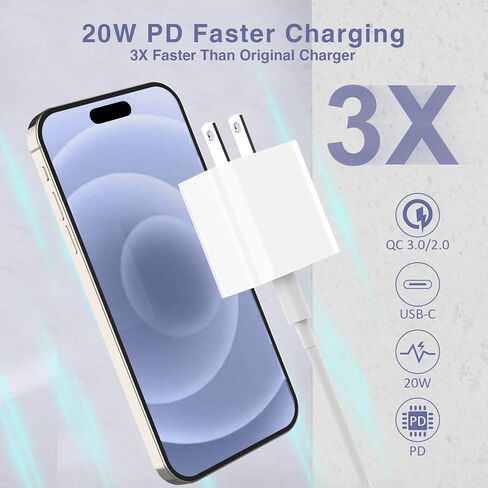 شاحن هاتف Apple محول طاقة USB-C بقدرة 20 واط، 2 حزمة من كتلة شحن USB C مع كابل مزامنة بيانات للشحن السريع بطول 6 أقدام متوافق مع iPhone 15/15 puls/15 pro/15 pro max، ipad pro/Air/Mini in Kuwait