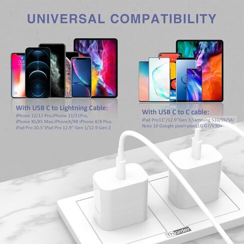 شاحن هاتف Apple محول طاقة USB-C بقدرة 20 واط، 2 حزمة من كتلة شحن USB C مع كابل مزامنة بيانات للشحن السريع بطول 6 أقدام متوافق مع iPhone 15/15 puls/15 pro/15 pro max، ipad pro/Air/Mini in Kuwait
