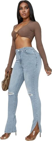 WDIRARA Women's Slit Hem High Waist Button Denim Zipper Fly Ripped Skinny Jeans in Saudi Arabia