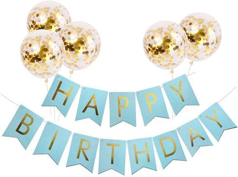 Tellpet Light Blue HAPPY BIRTHDAY Banner with 5 pcs Gold Confetti Balloons in Saudi Arabia