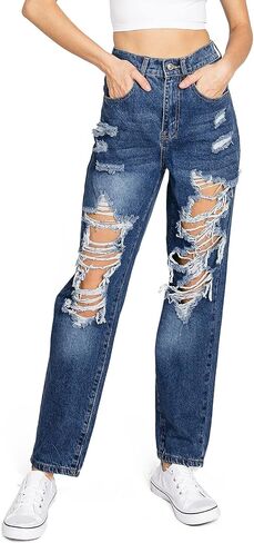 Women's Juniors High Waist Distressed Baggy Jeans in Kuwait