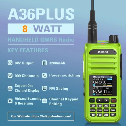 راديو A36plus 8W GMRS ثنائي الاتجاه مع محول برمجة لاسلكي TBB02، ترقية بطارية قابلة للشحن من النوع C بقدرة 3200 مللي أمبير في الساعة، هوائي NA-771، 999 قناة، نطاق هوائي، راديو ثنائي النطاق طويل المدى (أخضر) in Kuwait