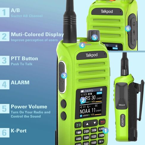 راديو A36plus 8W GMRS ثنائي الاتجاه مع محول برمجة لاسلكي TBB02، ترقية بطارية قابلة للشحن من النوع C بقدرة 3200 مللي أمبير في الساعة، هوائي NA-771، 999 قناة، نطاق هوائي، راديو ثنائي النطاق طويل المدى (أخضر) in Kuwait